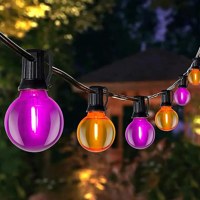 25FT Outdoor Halloween String Lights, G40 Outdoor Halloween Decorations Light with 27 LED Shatterproof Orange Purple Globe Lights(2 Spare), Hanging Patio Lights for Holiday Balcony Backyard Party-CubbioJoy