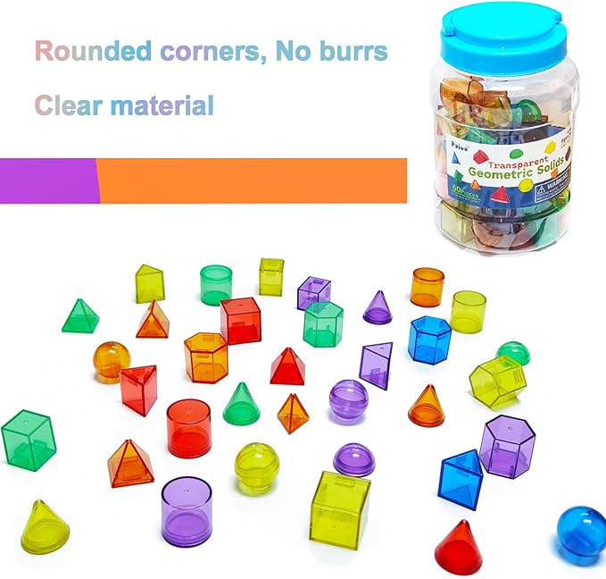 3D Geometric Solids 60 Pcs for Kids Translucent Geometric Shapes for Geometry Beginnings,Light Table Manipulatives Toy Math Helper School Supplies-CubbioJoy