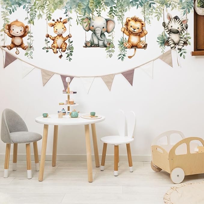 Jungle Animal Wall Decals,Jungle Animals Monkey Elephants, Lions, Zebras, Giraffes Vine Leaves Wall Stickers,Zoo Sticker for Kids Baby Boys Room Nursery Bedroom Playroom Home Decoration.-CubbioJoy