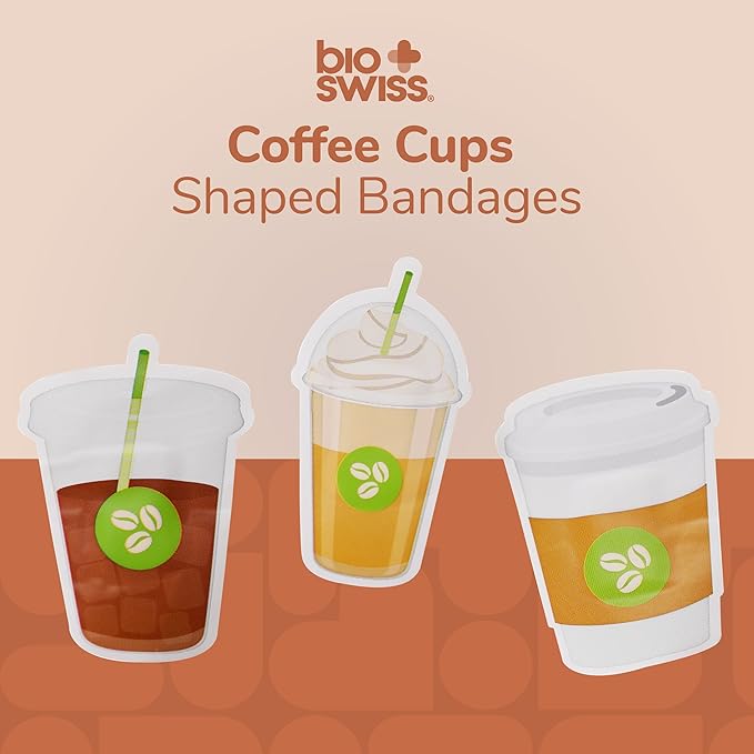 BioSwiss Bandages, Coffee Cup Shaped Self Adhesive Bandage, Latex Free Sterile Wound Care, Fun First Aid Kit Supplies for Kids, 24 Count-CubbioJoy