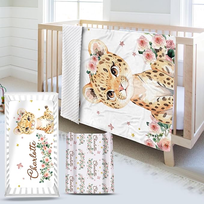 Custom Name Crib Bedding Set - Leopard Theme, Personalized Yellow Flower Nursery Bedding 3-Piece Set– Soft Blanket, Fitted Sheet, Changing Pad Cover – for Newborns Girls Nursery Gifts-CubbioJoy
