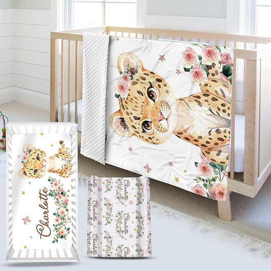Custom Name Crib Bedding Set - Leopard Theme, Personalized Yellow Flower Nursery Bedding 3-Piece Set– Soft Blanket, Fitted Sheet, Changing Pad Cover – for Newborns Girls Nursery Gifts-CubbioJoy