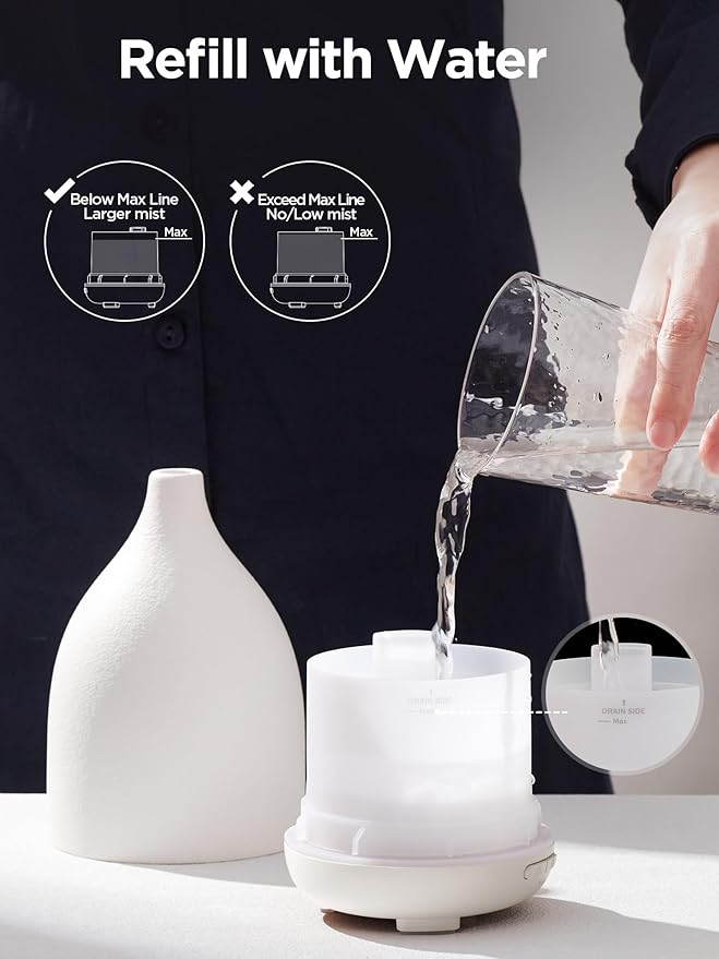 InnoGear Oil Diffuser, 150ML Ceramic Diffuser for Essential Oils Handcrafted Aromatherapy Diffuser Ultrasonic Cool Mist Humidifier with 2 Mist Modes Waterless Auto Off for Room Office, White Base-CubbioJoy