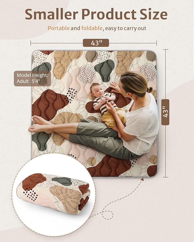 Blissful Diary Portable Baby Play Mats for Floor, Thicker Cushioned Foldable Baby Crawling Mat for Indoor Outdoor, Non-Slip & Washable Kids Playmat for Tummy Time Activity, Boho 43" X 43"-CubbioJoy