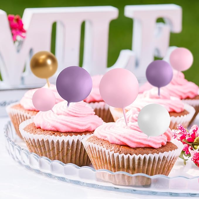 75 Pieces Cake Balls Topper Decorations Foam Cupcake Topper Mini Balloon Cake Topper Balls Cake Picks for Cake Deco Birthday Party Wedding（Purple,Pink,Gold,White）-CubbioJoy