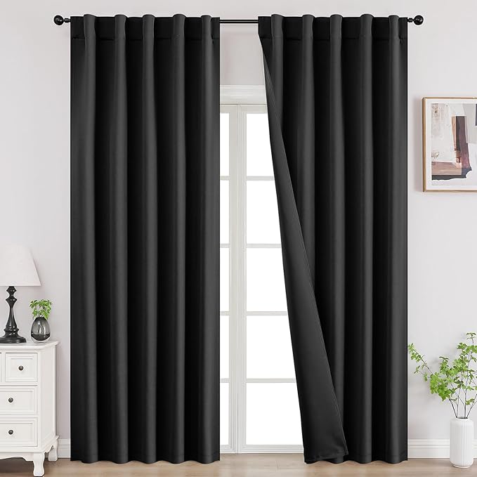 Joydeco Black Blackout Curtains 96 Inches, Thermal Insulated Long Curtains 2 Panels Set for Bedroom, Room Darkening Drapes for Living Room Window (W37 x L96 Inch, Black)-CubbioJoy