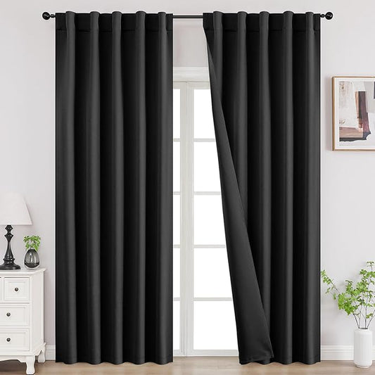 Joydeco Blackout Curtains for Bedroom, Black Out Curtains 108 Inch Long, Room Darkening Noise Reducing Wrinkle-Free Drapes, Black Curtains with Rod Pocket Back Tab 2 Panels (W52 x L108 Inch)-CubbioJoy