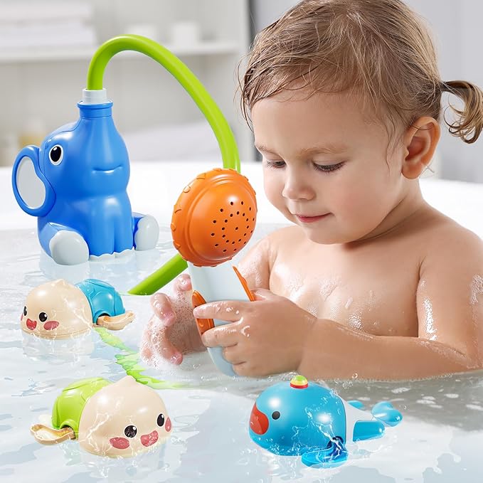 Baby Bath Shower Head Toys for Kids, Bath Toys for Infants with Elephant Water Pump for Kids 2-4, 3 Pack Wind-up Pool Toys for Kid, Bathtub Toys 18-24 Months Toddlers Boys Girls-CubbioJoy