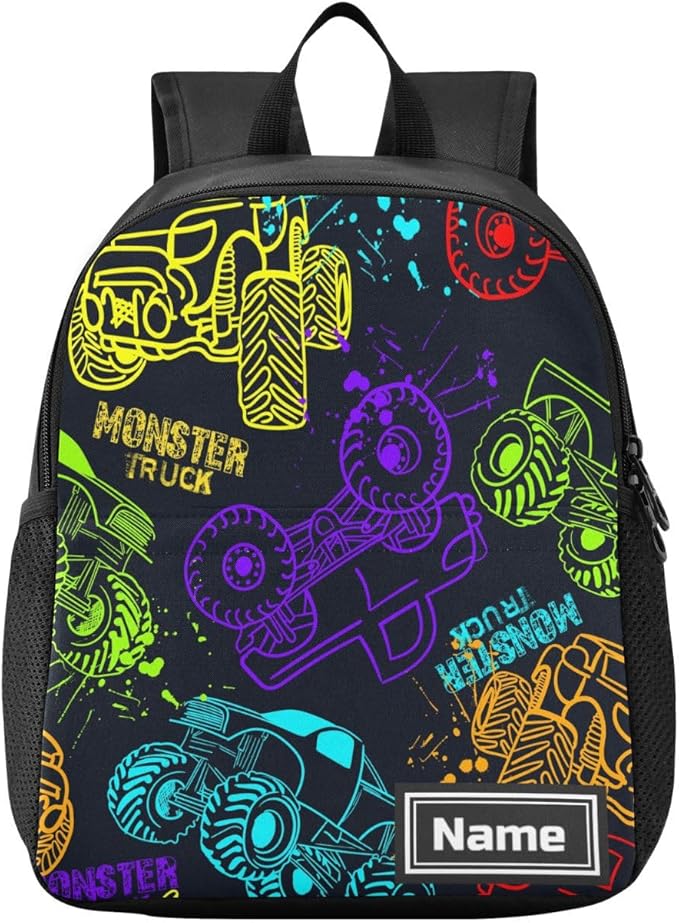 Colorful Monster Truck Toddler Backpack Waterproof Mini Backpack with Name/Text Preschool Backpack Cute Small Backpack Kindergarten Pre School Bags 13 Inch, Medium, Pattern 2-CubbioJoy