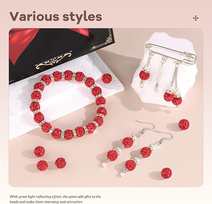 160pcs 10mm Rhinestone Beads for Jewelry Making, Red Shiny Round Disco Ball Beads Bulk, Sparkle Crystal Clay Christmas for Bracelet Baseball Necklace Earring Crafting and DIY-CubbioJoy