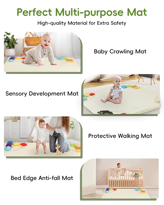 Baby Play Mat, Unique Crawling Mats with 4 Sensory Development Zones for Motor Skills, 50''x50'' Playpen Mats with Non-Slip Cushioned that Fits Nicely Into Any Playroom, Beige-CubbioJoy