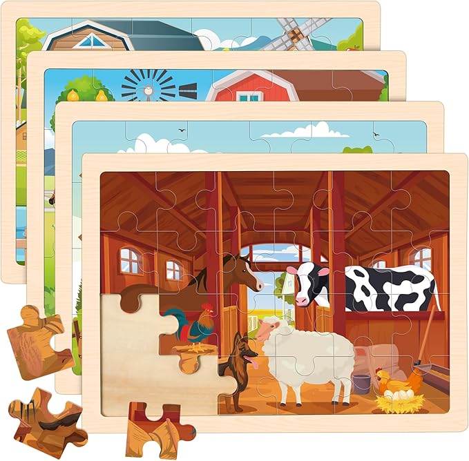 4-in-1 Farm Wooden Puzzles for Kids Ages 4-6, 24 PCS Wooden Jigsaw Puzzles for Toddlers Ages 2-4, Preschool Educational Puzzles Boards Toys Gifts for 3 4 5 6 Boys Girls-CubbioJoy