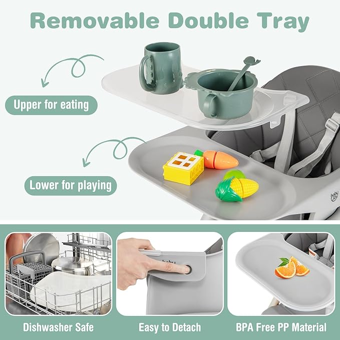 BABY JOY Baby High Chair, 6 in 1 Convertible Wooden Highchair for Babies & Toddlers with Adjustable Legs, Removable Double Tray, Safety Harness & Waterproof PU Cushion (Gray)-CubbioJoy