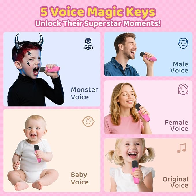 Karaoke Machine for Kids, Toys for 3-12 Years Old Girls Gifts, Kids Karaoke Microphone Machine Toy, Best Fun Christmas Birthday Gifts for 5 6 7 8 9 10 11 Years Teens Girl Boys Rose 2 Mic-CubbioJoy