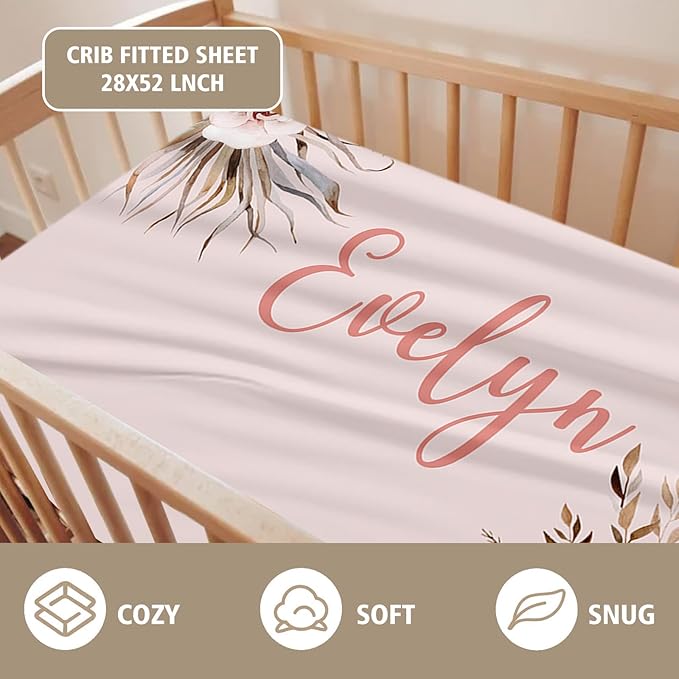 Custom Name Crib Bedding Set - Bohemian Flowers Design, Personalized Baby Nursery Bedding 3-Piece Set– Soft Blanket, Fitted Sheet, Changing Pad Cover – for Newborns Girls Nursery Gifts-CubbioJoy