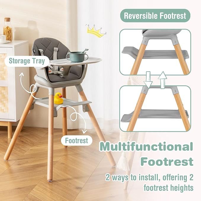 BABY JOY Baby High Chair, 6 in 1 Convertible Wooden Highchair for Babies & Toddlers with Adjustable Legs, Removable Double Tray, Safety Harness & Waterproof PU Cushion (Gray)-CubbioJoy