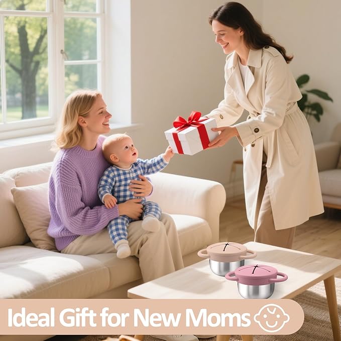 BUSOHA 2 Pack Stainless Steel Toddler Snack Cups - 9 OZ Spill-Proof Baby Snack Containers with Silicone Catcher and Lid Travel Snack Containers for Kids Dishwasher Safe Food Grade Silicone-CubbioJoy