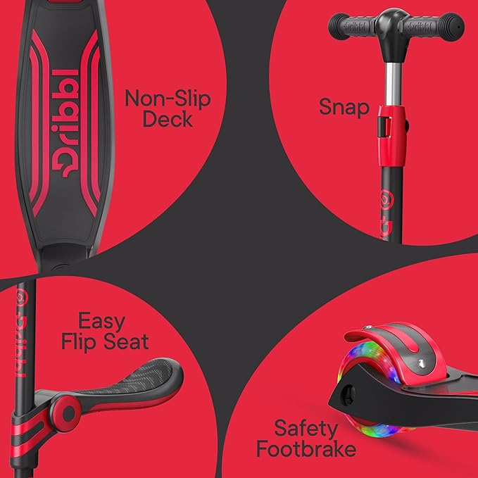 Black and Red 3 Wheel Scooter with Seat for Kids – Light-Up LED Wheels, Adjustable Handlebar and Seat, Smooth PU Wheels, Wide Anti-Slip Deck, Rear Foot Brake – Toddler Outdoor Toys for Ages 2+-CubbioJoy