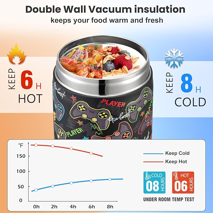 17oz Soup Thermo for Hot Food Kids,Insulated Food Jar with Spoon,Thermo Hot Food Lunch Container,Wide Mouth Leakproof Stainless Steel Lunch Box for School-Black Game-CubbioJoy