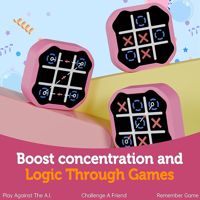 3 in 1 Electronic Tic Tac Toe Game, Handheld Digital Tic Tac Toe Bolt Game with Silent Mode, Portable Learing Toys Gift for Kids & Adults, Pink-CubbioJoy