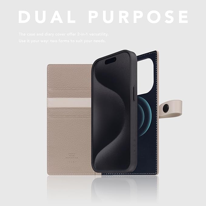 D8 Edition Full Grain Leather Wallet Case for iPhone 15 Pro - [2-in-1] Handcrafted Detachable Diary Style with Magnetic MagSafe Back Cover and Snap Closure, Gift Box Included (Light Cream)-CubbioJoy