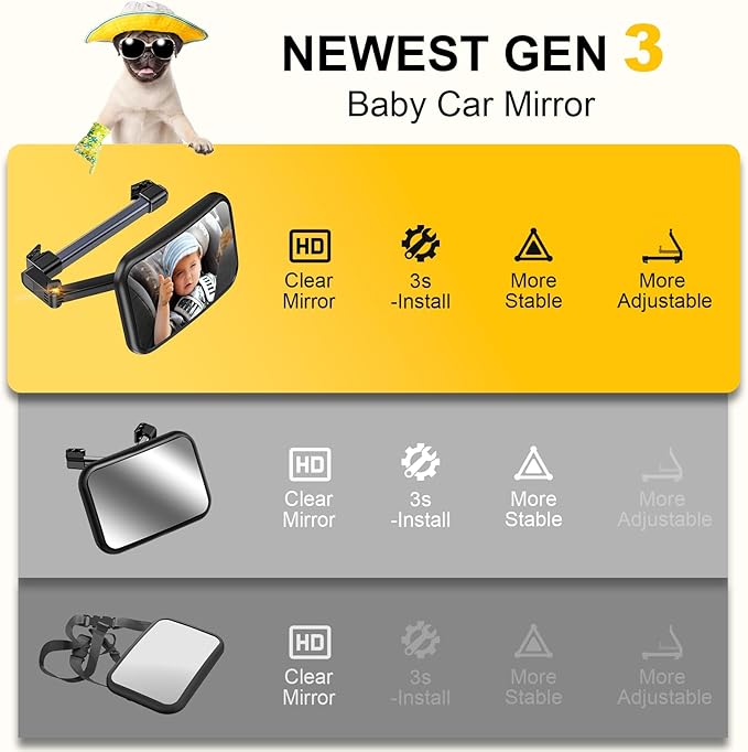 Baby Car Mirror, Stretchable 360° Caring Baby Mirror for Car Seat Rear Facing Seat Infant Shatterproof, Baby Essentials for Newborn, Crash Tested and Certified-CubbioJoy