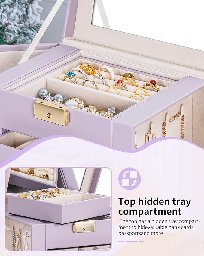 AKOZLIN 5-Tier Jewelry Box Leather Jewelry Storage Organizer with 4 Drawers Lockable for Women Girls Ring Necklace Earring Bracelet Watches Holder with Mirror Purple-CubbioJoy
