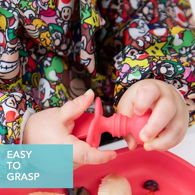 Bumkins Baby Utensils Set, Chewtensils Silicone Spoons for Dipping, Self-Feeding, Baby Led Weaning, Trainer Learning, First Stage Eating, Soft Practice Fork and Spoon, Babies 6 Months, Red-CubbioJoy