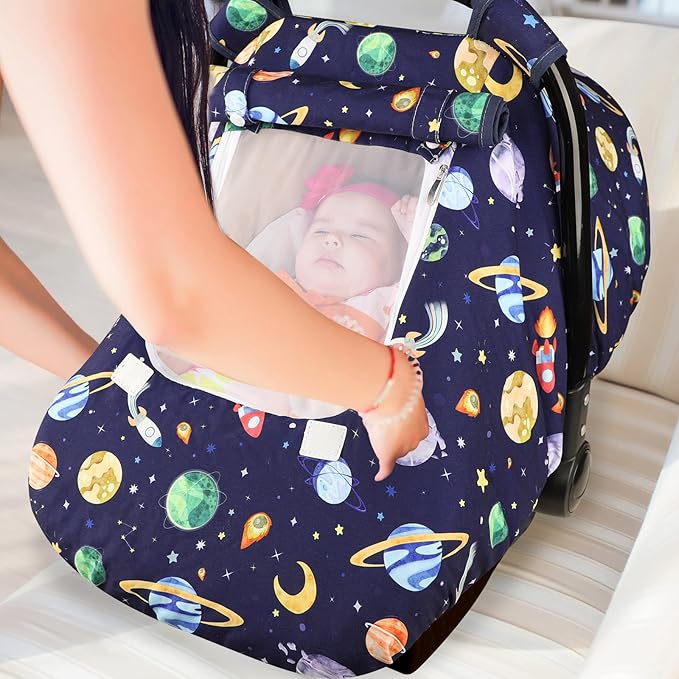 Baby Carseat Cover Winter, Pea Pod Infant Car Seat Covers Canopy for Newborn with 2 Layers Windows of Breathable Mesh/Fabric, Lightweight Polyester/Minky Dot Backing, Snug Fit Most Baby Car Seat-CubbioJoy