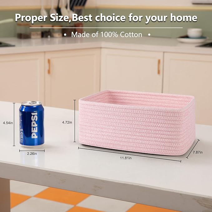 4 Pack Small Storage Shelf Baskets for Organizing, Mini Woven Rope Storage Bins for Towels, Cute Decorative Closet Organizer，Baby Nursery, Gift Empty Baskets -11.81''Lx7.87''Wx4.72''H-Pink-CubbioJoy