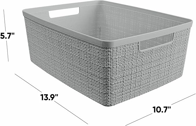 Curver Jute Decorative Plastic Organization and Storage Basket Perfect Bins for Home Office, Closet Shelves, Kitchen Pantry and All Bedroom Essentials, (Set of 6), Grey, Medium-CubbioJoy
