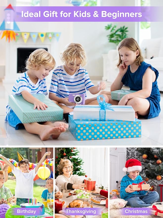 Digital Camera, Kids Camera1080P, Vlog Camera with 64GB Card, 16X Zoom Anti Shake, Card Reader, 44MP Compact Portable Small Point Shoot Digicam Gift for Kid Student Children Teen Girl Boy(Pruple)-CubbioJoy