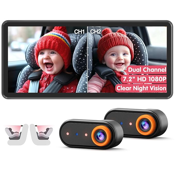 BM5PRO 7.2" 1080P HD Baby Car Camera for 2 Kids, Split Screen with IR Night Vision, Easy to Install & Adjust Brightness, Dual Car Camera Baby Monitor for Rear Seat Safety-CubbioJoy