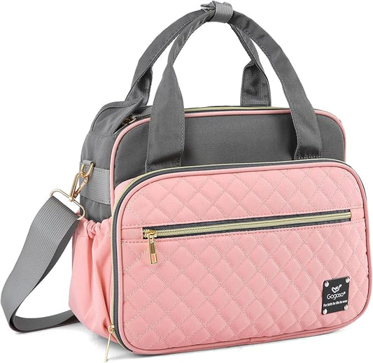 Crossbody Small Diaper Bag, Cute Mini Baby Diaper Tote Bags with Insulated Pockets for Traveling Outdoor Parent, Pink & Gray-CubbioJoy