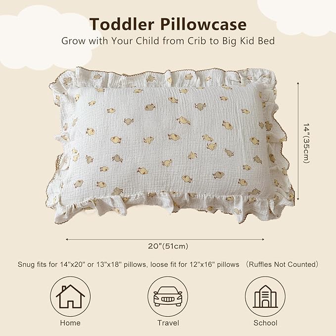 BuLuTu Cute Toddler Pillow Cases Cotton Muslin Toddler Pillowcase 1 PC, Ultra Soft Small Pillowcase Fits Toddler Pillow Sized 12"x16"/13"x18"/14"x19", Enveloped Closure Kids Girls Boys Pillowcases-CubbioJoy