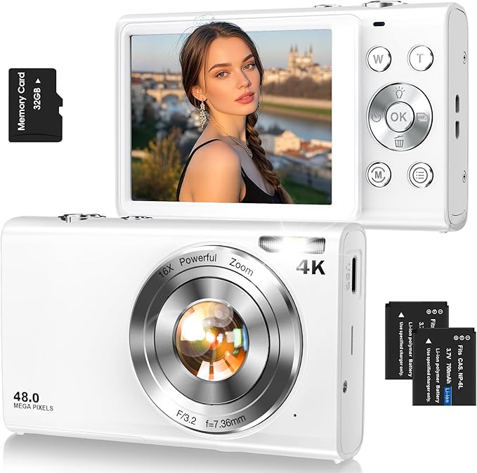 Digital Camera,Autofocus 4K Vlogging Camera for Photography with 32GB Card,48MP Portable Compact Point and Shoot Digital Camera for Teens Adult Beginner with 16X Zoom,Anti-Shake,2 Batteries(White)-CubbioJoy