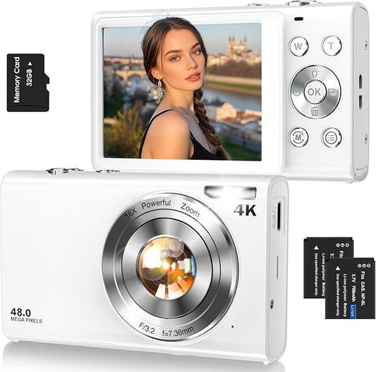 Digital Camera,Autofocus 4K Vlogging Camera for Photography with 32GB Card,48MP Portable Compact Point and Shoot Digital Camera for Teens Adult Beginner with 16X Zoom,Anti-Shake,2 Batteries(White)-CubbioJoy