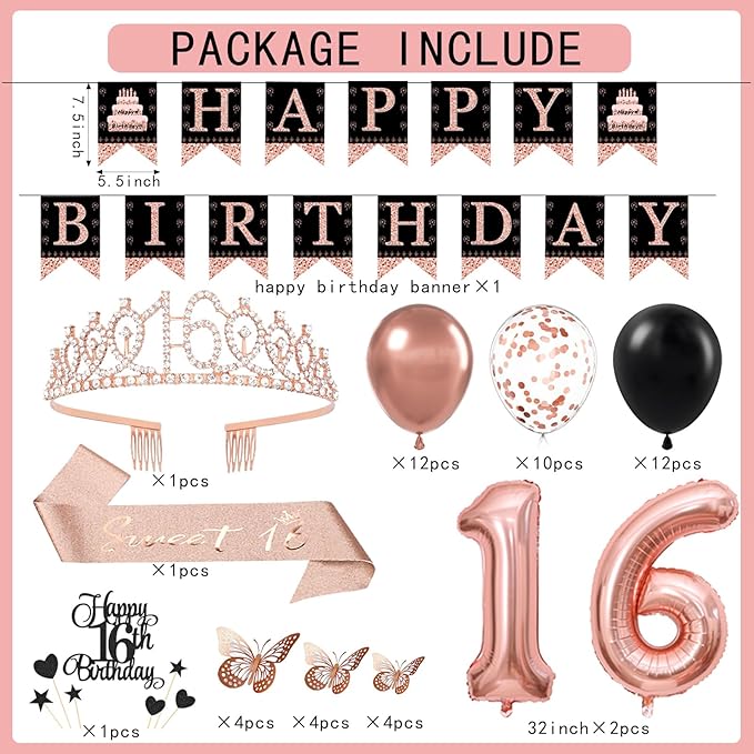 16th Birthday Decorations for Girls - 56pcs Rose Gold Happy 16th Banner, 16th Birthday Crown Sash, Cake Topper, Number 16 balloons, 3D Butterflies, 4 Balloon Stands kits-CubbioJoy