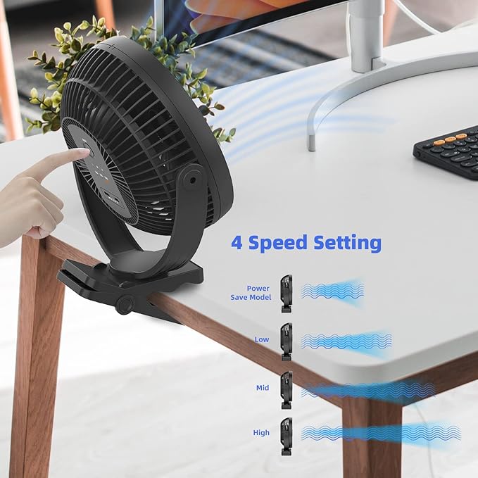ATEngeus USB Desk Fan, Rechargeable Portable Fan, 8-Inch Clip on Fan, 10000mAh Stroller Fan, 4 Speeds Strong Airflow, 720° Rotation, with Sturdy Clamp, Suitable for home, office and stroller-CubbioJoy