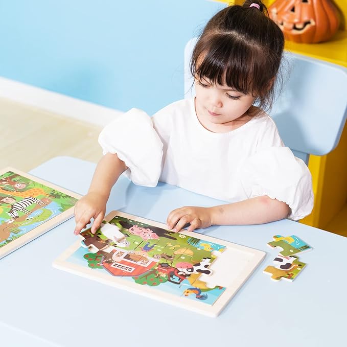 Animals Wooden Jigsaw Puzzle for Kids Set of 2 - African Wildlife and Farm Animals（15 pcs） Preschool Educational Learning Toys Gift for Toddlers Boys and Girls-CubbioJoy