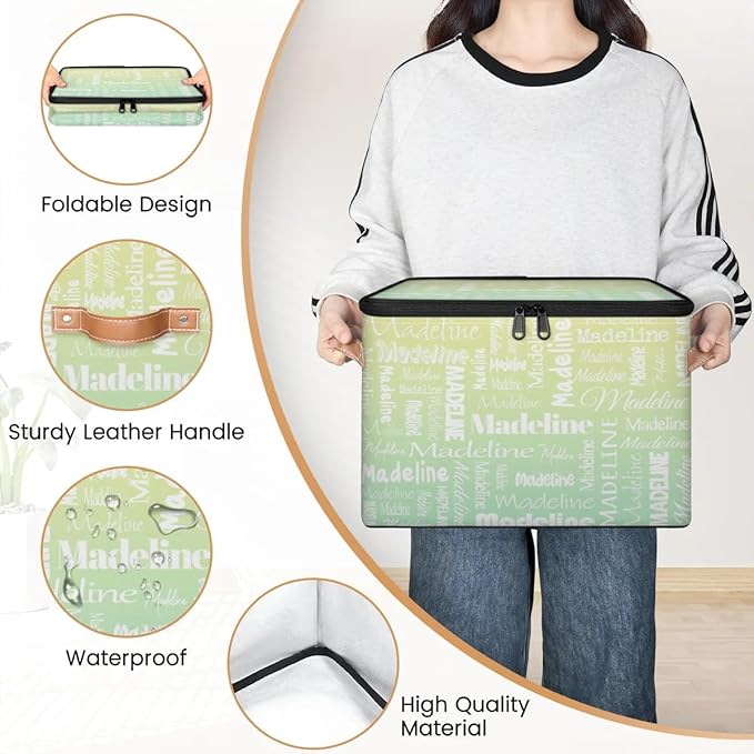 Custom Storage Basket with Name, Personalized Storage Bins with Zipper Lid, Foldable Fabric Storage Box Large capacity with Handle Yellow Green-CubbioJoy