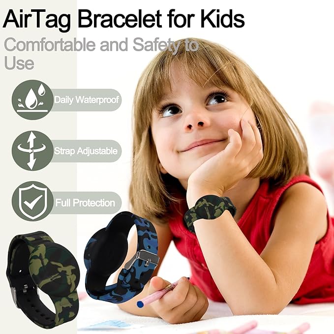 2 Pack Waterproof Bracelet for AirTag Kids, Hidden Printed Wristband for Apple Air Tag, Silicone Holder for AirTag GPS Tracker Case for Band for Child Toddler, Secure Anti-Lost Protection(Camouflage)-CubbioJoy