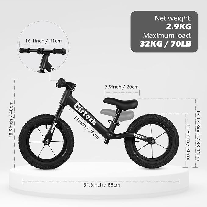12" Balance Bike for 2, 3, 4, 5 Year Old Boys and Girls, Lightweight Nylon Frame Toddler Training Bike No Pedal Bikes for Kids with Adjustable Seat and Air Tires