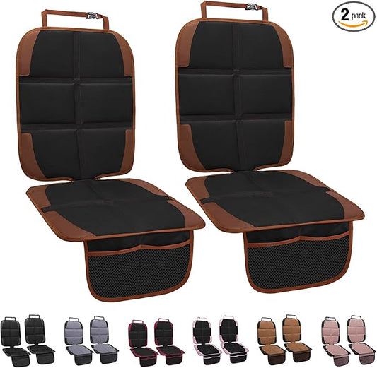 Car Seat Protector for Child, 2 Pack With Mesh Pockets & Non-Slip Backing 600D Durable Under Baby Seat Cover for Back Seat (Dark Brown, Standard)-CubbioJoy