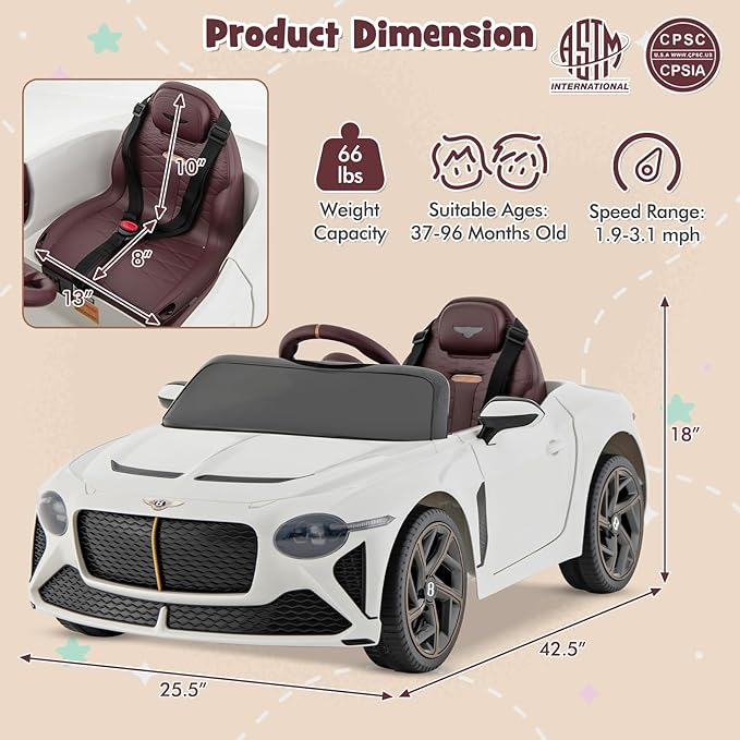 Costzon Ride on Car, 12V Licensed Bentley Bacalar Battery Powered Kids' Electric Vehicles w/Remote Control, Scissor Doors, Wireless Connection, Lights/Sound Effects, Kids Car Toys for Toddlers(White)-CubbioJoy