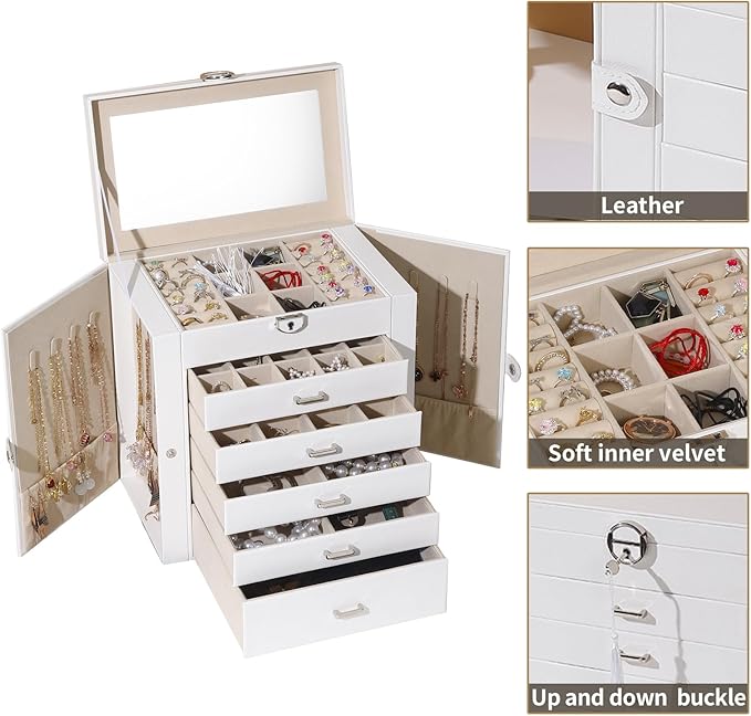 BOOVO Jewelry Box For women, 6 Layer Large Jewelry Organizer With Mirror, Multi-Function Storage Box With Lock, Accessory Holder With 5 Drawers, For Earrings Necklace Ring Bracelet (White)-CubbioJoy