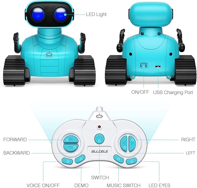 ALLCELE Robot Toys, Rechargeable RC Robots for Kids Boys, Remote Control Toy with Music and LED Eyes, Gift for Children Age 3 Years and Up - Blue-CubbioJoy