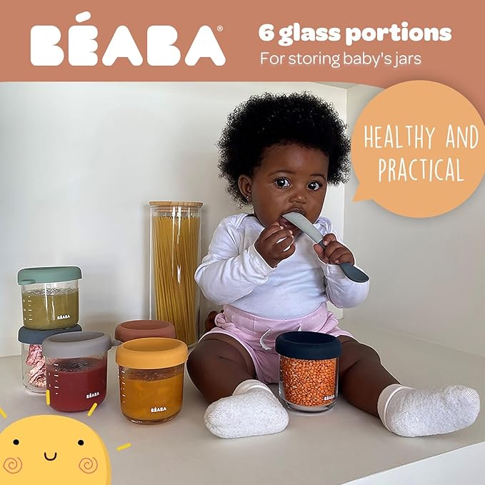 BEABA 6 Pack Glass Baby Food Jars with Soft Silicone Air Tight Lids, 8 oz Glass Storage Containers with Lids, Microwave and Freezer Safe Containers, Sunrise-CubbioJoy