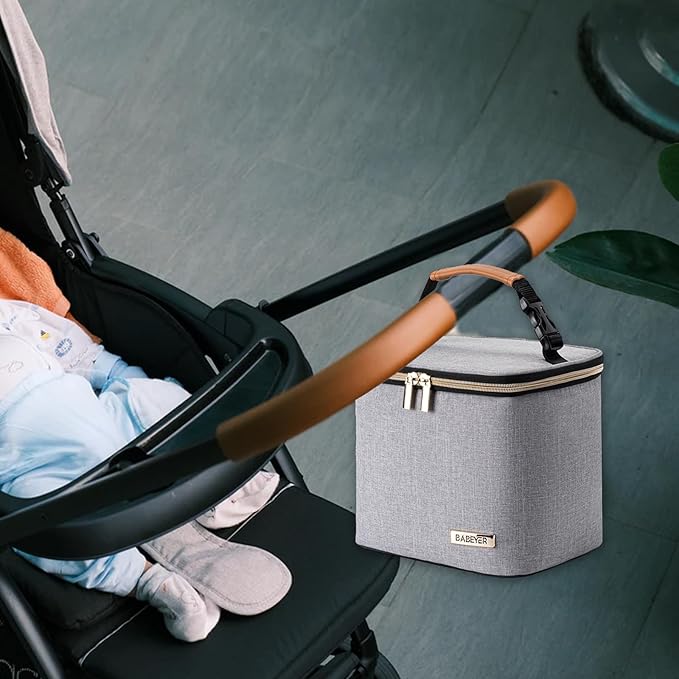 Breast Milk Cooler Bag with Ice Pack Fits 4 Large Baby Bottles Up to 5 Ounce, Baby Bottle Cooler Bag Great for Nursing Mom Daycare, Grey-CubbioJoy