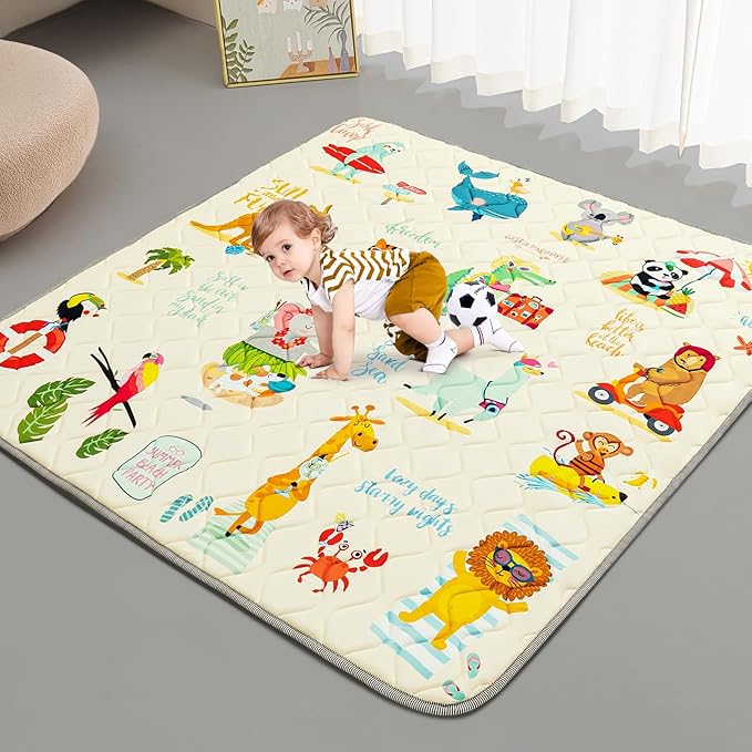 Baby Play Mat - Thicken 50x50 Inch Soft Foam Crawling Mat for Playpen & Floor, Non-Slip Waterproof Playmats for Infants & Toddlers, Portable Foldable & Machine Washable, Beach Animals-CubbioJoy